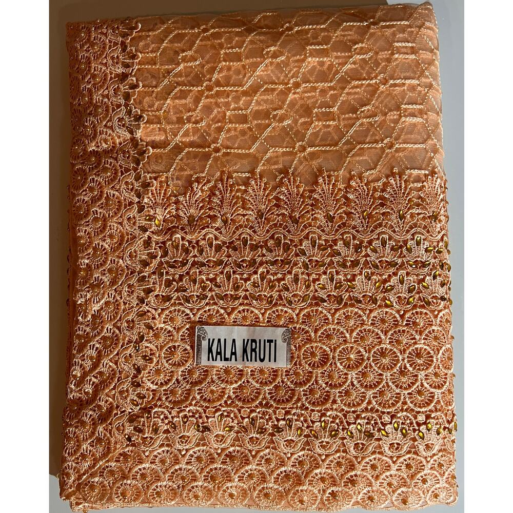 Peach Net Saree Heavy Embroidery Lace Sequins Border Party Wedding